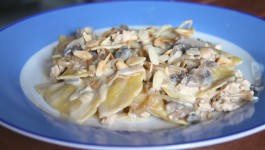 Ravioli mezzelune al pistacchio con ragù di pollo, funghi e scaglie di mandorle