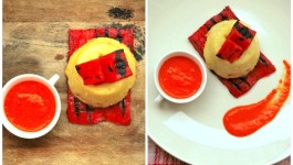 Tortino di polenta con crema di peperoni grigliati e finocchietto selvatico